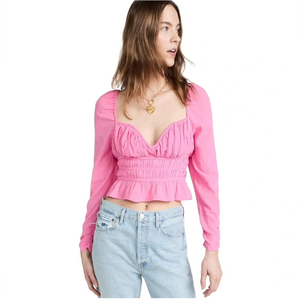 Free People Women’s Top Chloe Aurora Pink Smoked‎ Tie Back Size M Long Sleeve